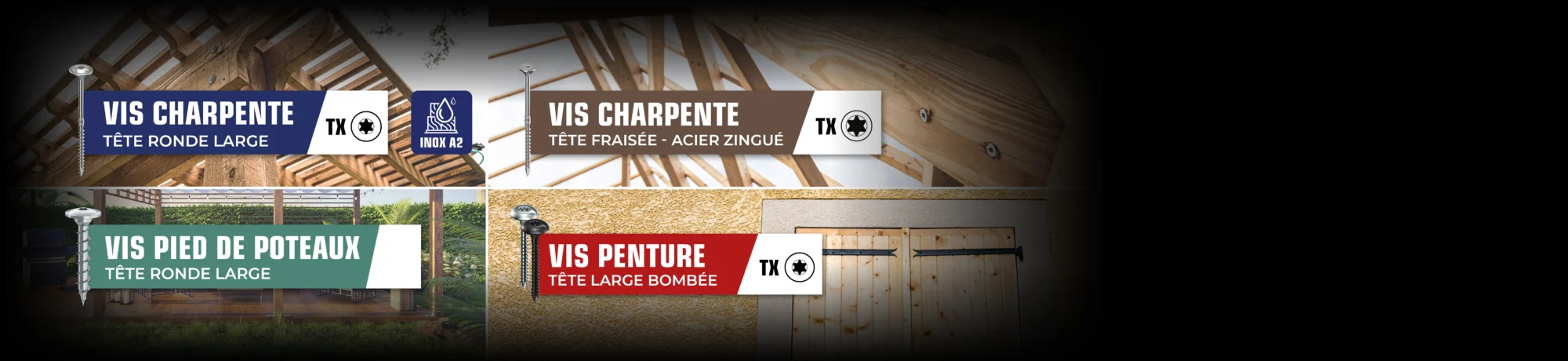 Bannière vis charpente, vis pied de poteaux, vis charpente, vis penture
